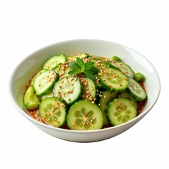 Refreshing Cucumber Salad with Sesame Seeds and Herb Garnishing Served in a White Bowl