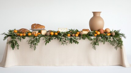 Elegant Table Setting with Fresh Fruits, Breads, and Decorative Elements