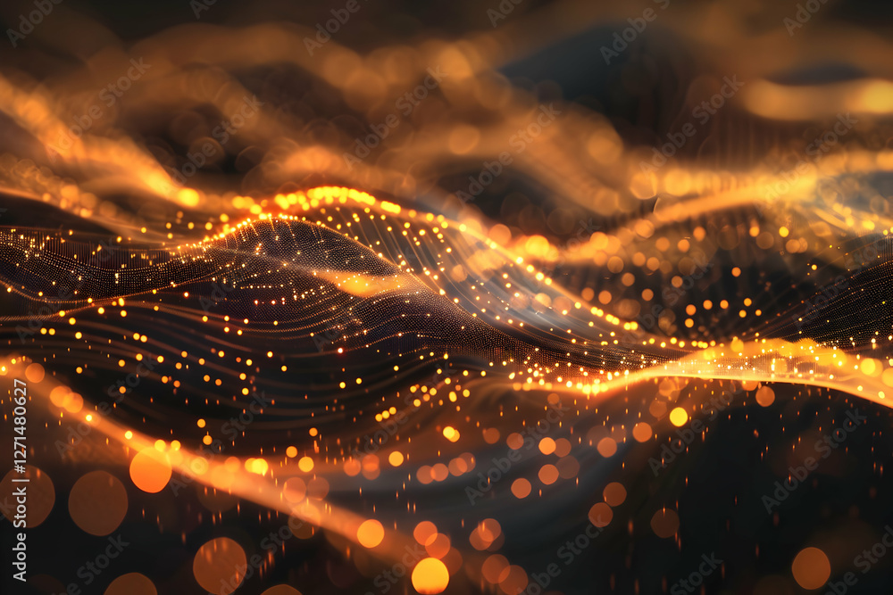 Aufkleber abstract representation of flowing golden waves with glowing particles in a dark environment
