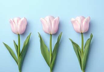 Fototapeta premium Beautiful pink tulips arranged on a light blue background