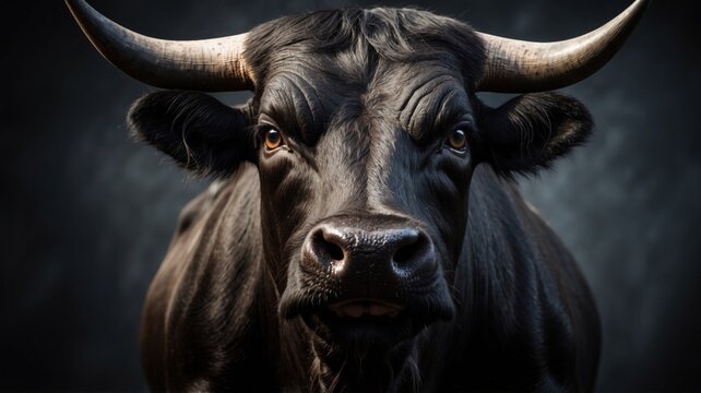 Black bull face portrait closeup. One dark cow 