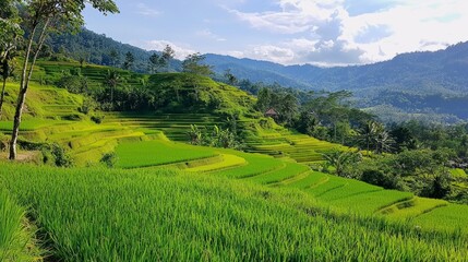 Fototapeta premium Lush Green Rice Terraces Under Clear Blue Sky in Mountain Landscape