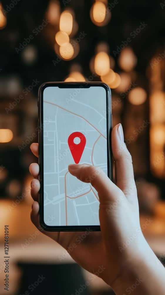 Poster Digital map navigation showing woman pointing at location pin on smartphone screen, highlighting modern urban technology for travel route planning and geolocation tracking