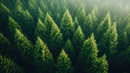 Fototapeta premium Aerial view of dense evergreen forest with lush green trees, showcasing sustainable forestry and reforestation efforts. vibrant foliage creates serene and harmonious landscape