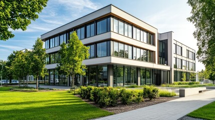 Modern Office Building in Lush Landscape, Sunny Day, Commercial Real Estate
