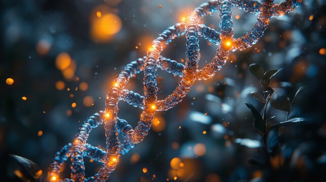 Glowing DNA strand, double helix, genetic code,  in dark background with bokeh lights and plants.