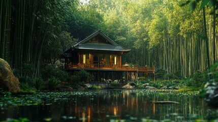 Serene Bamboo Forest House with Reflections on Calm Water