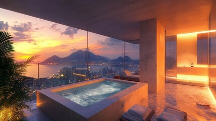 Fototapeta premium Luxury Retreat with Scenic View of Sunset over City and Water