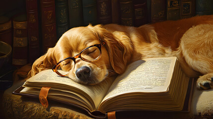 A dog is laying on an open book with glasses on its face