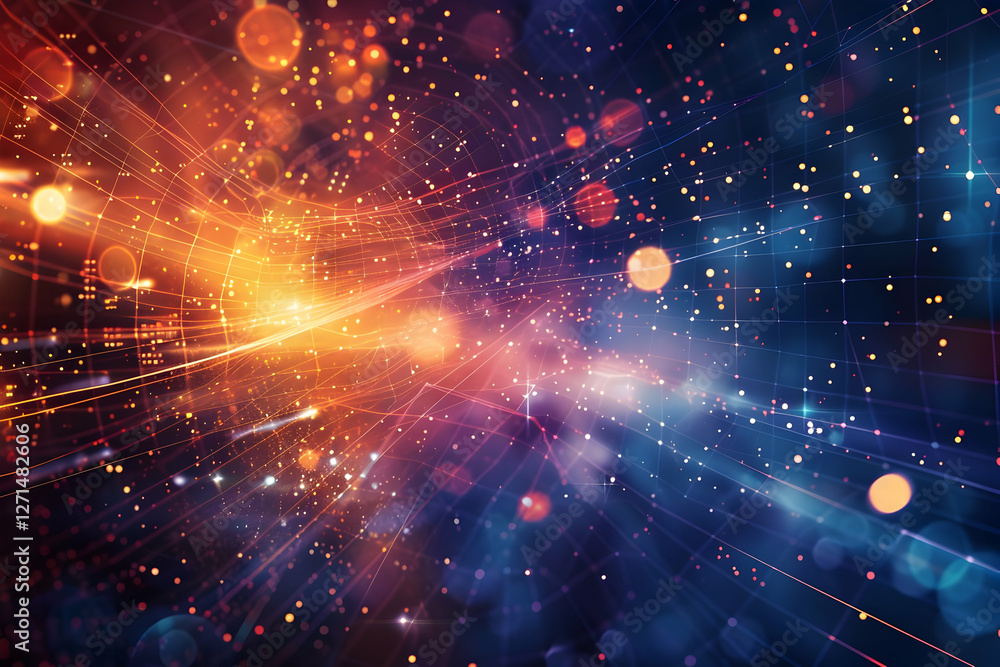 Poster abstract cosmic background with colorful light trails and glowing particles in motion