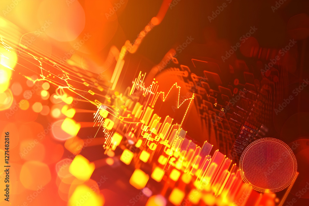 Poster abstract digital visualization of financial data trends with vibrant colors and glowing elements