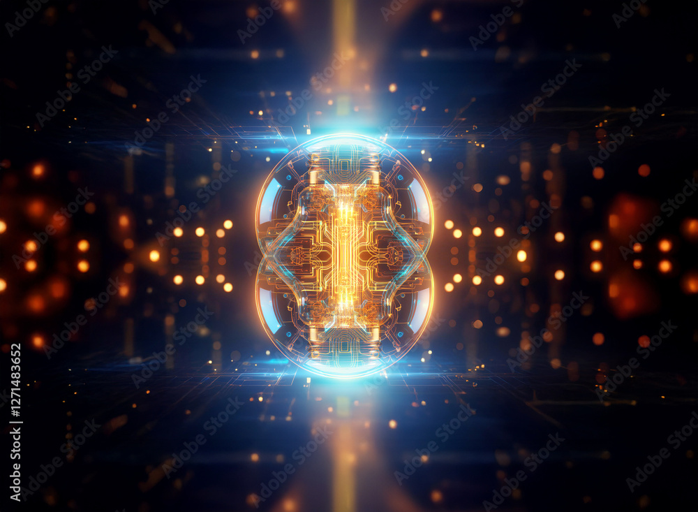 Poster Abstract sci-fi background. A central glowing orb with intricate lines creates a futuristic, technological scene with light trails and depth.