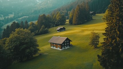 Serene Landscape with Wooden Cottages Surrounded by Green Hills