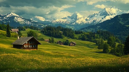 Obraz premium Serene Mountain Landscape with Green Fields and Snow-Capped Peaks