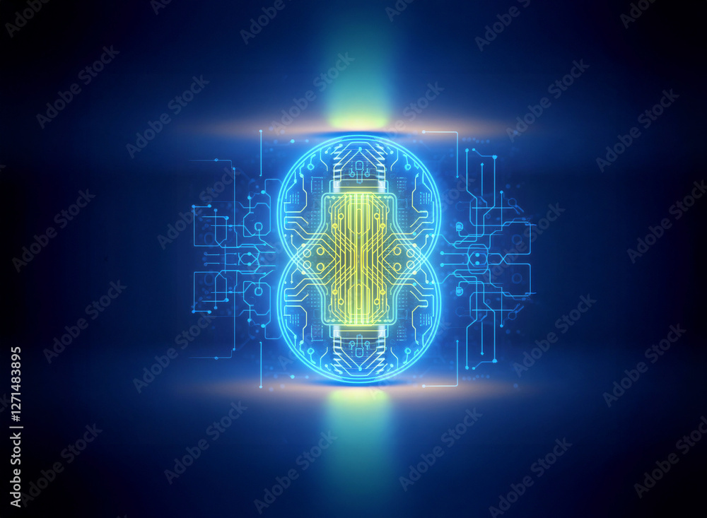 Poster abstract sci-fi background featuring glowing blue and yellow geometric shapes with circuit board pat