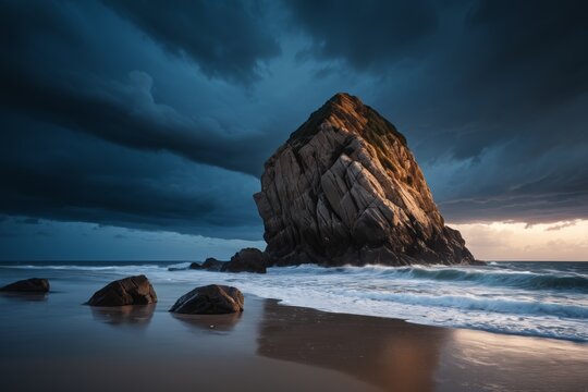 dark clouds hover over a rocky beach with a rock formation - Powered by Adobe
