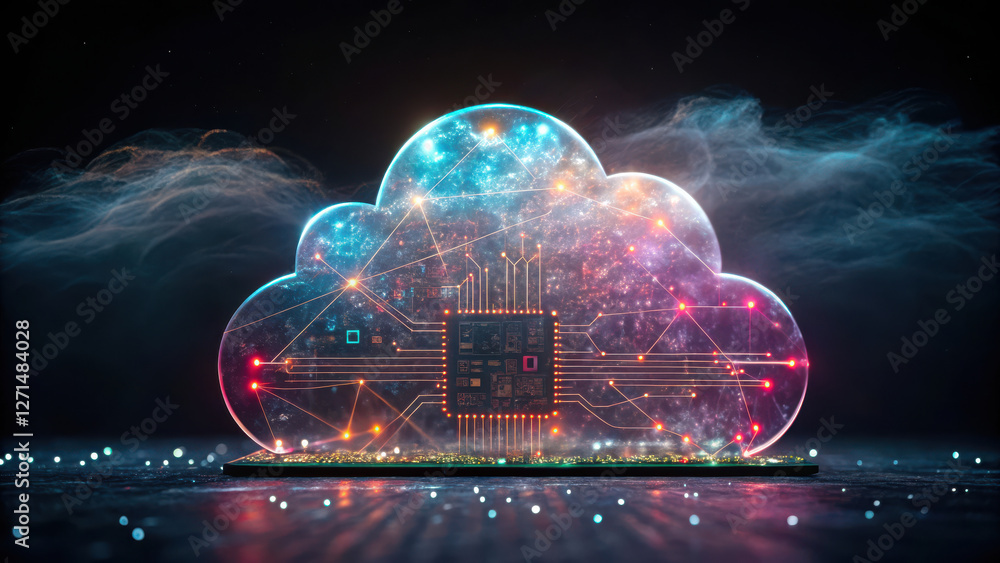 Poster cloud computing system, glowing digital cloud with expanding nodes and data connections