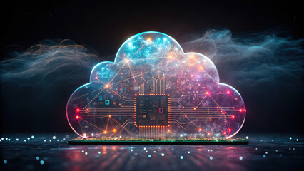 Obraz premium cloud computing system, glowing digital cloud with expanding nodes and data connections