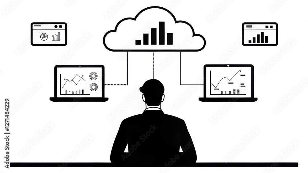 Poster cloud computing system, businessman analyzes data on multiple devices connected to cloud network