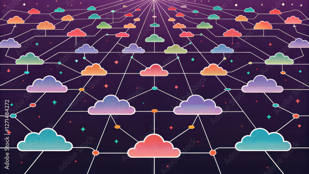 Poster cloud computing system, colorful cloud network with interconnected nodes on dark background