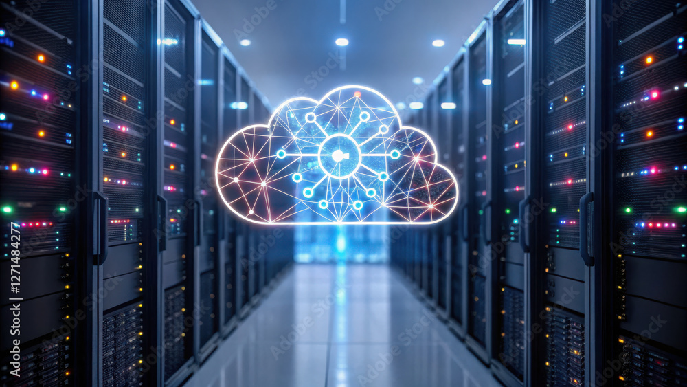 Poster cloud computing system, cloud computing concept with ai powered network in server room