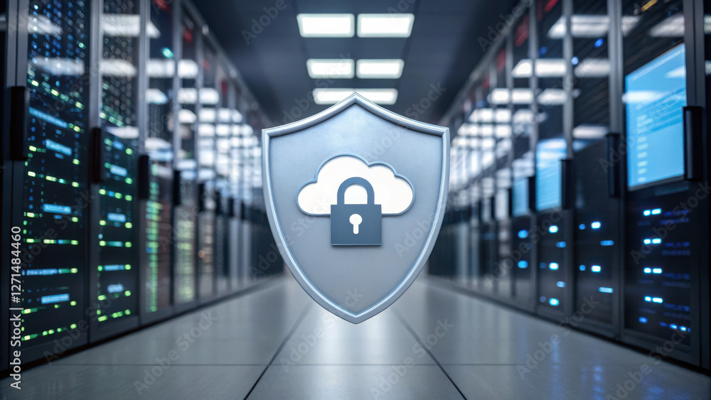 Poster cloud computing system, cloud security concept with shield and lock symbol in server room