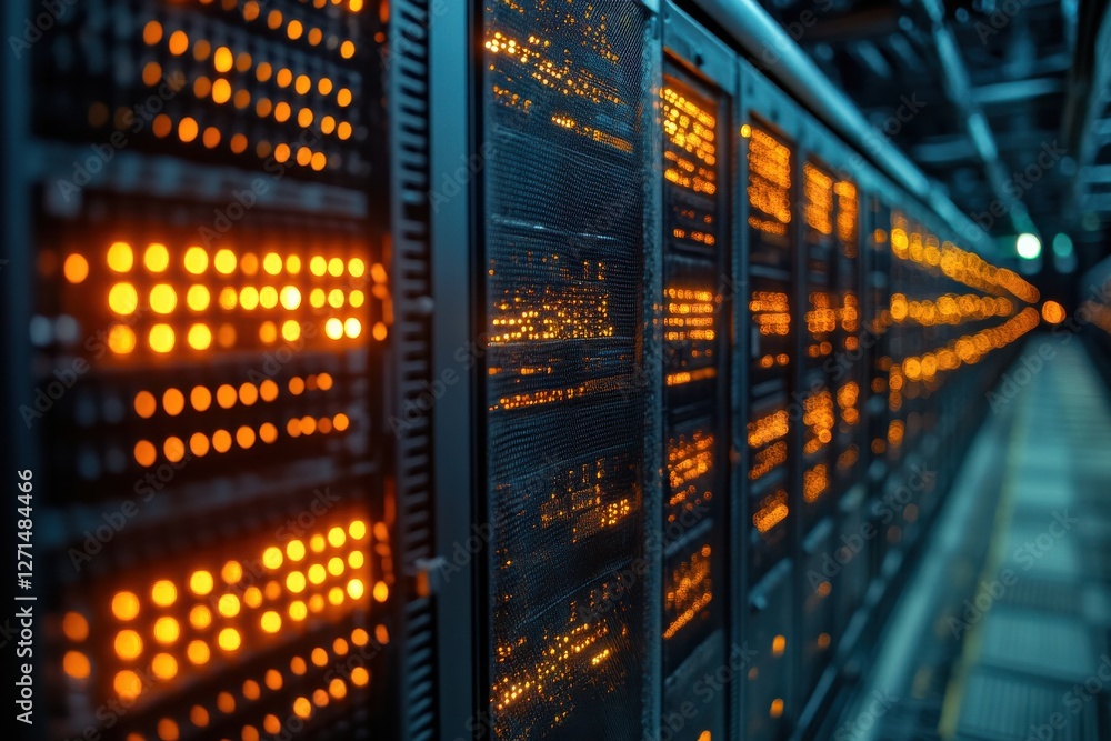 Aufkleber illuminated server rack in data center with bright orange lights