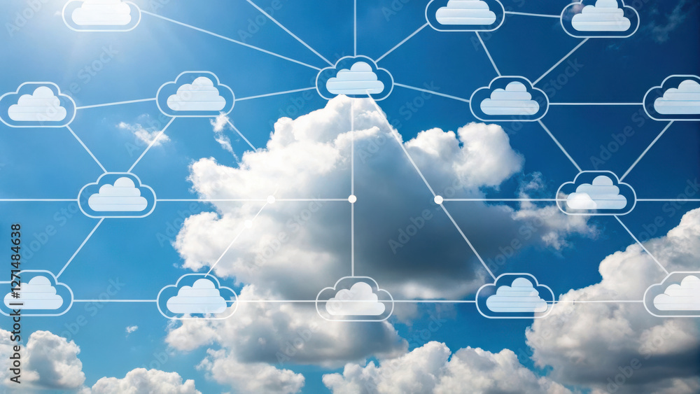 Poster cloud computing system, cloud computing concept with interconnected nodes in blue sky