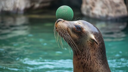 Obraz premium Sea Lion Balancing Green Ball on Nose in Clear Water Setting