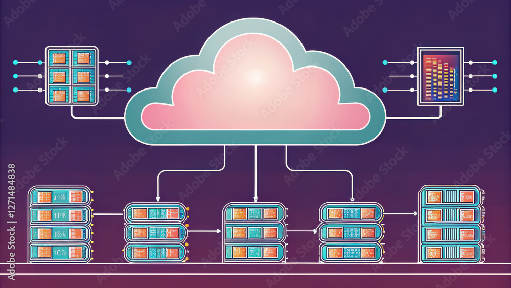 Poster cloud computing system, cloud computing network with connected servers and data storage