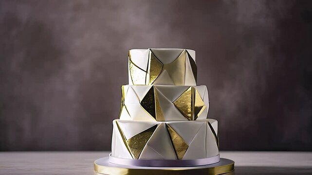 Three-tiered cake with a white and gold color scheme. The cake features geometric shapes and patterns with a ribbon wrapped base
