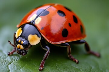 Naklejka premium Close-up of a ladybug on a leaf, vibrant colors and intricate details