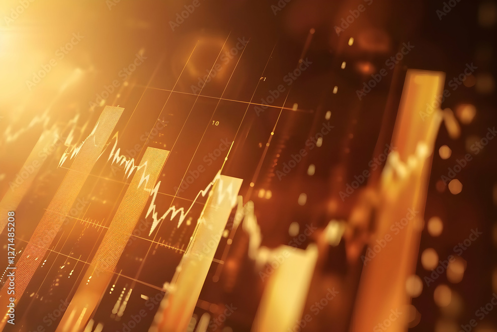 Poster abstract financial data visualization with glowing charts and lines on a warm background