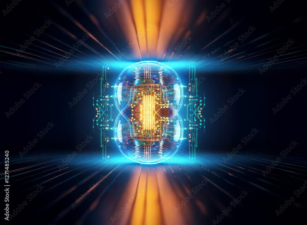 Poster abstract sci-fi background. glowing blue and orange symmetrical structure with circuit details. futu
