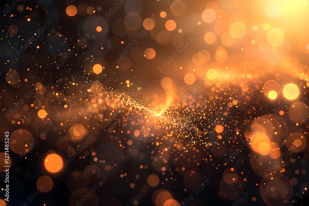 Poster abstract representation of sparkling particles in a warm, glowing atmosphere with depth