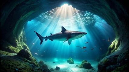 Naklejka premium Majestic Shark Illuminated in Underwater Cave, Beams of Sunlight Piercing the Deep Ocean
