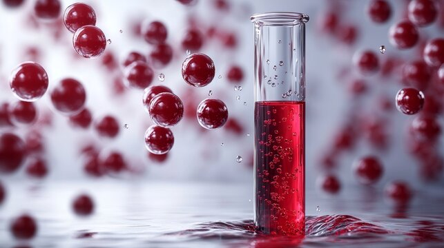 Red liquid in test tube surrounded by spheres, scientific concept. - Powered by Adobe