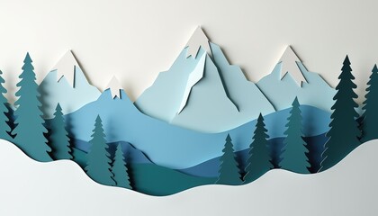 Multi-layered cut-out paper composition with mountain landscape. Traveling, vacation, art school concept. Winter activities and ski resorts. National craft month