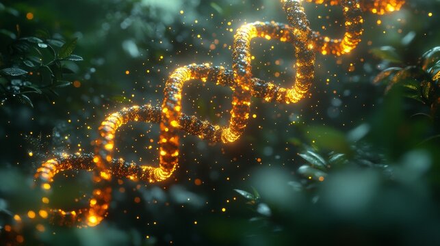 Glowing DNA helix in lush green foliage.