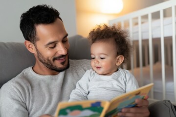 Obraz premium A heartwarming scene of a father reading a storybook to his young child in a cozy indoor setting, illustrating the warmth and joy of parent-child bonding during storytime.