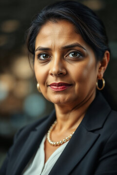 Senior Indian businesswoman. Portrait of mature woman from Agra, India wearing formal black suit. Corporate headshot photo