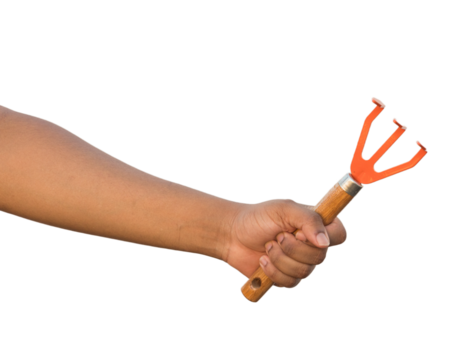 hand holding a metalic rake for gardening, transparency png