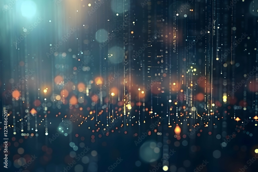 Poster abstract representation of shimmering lights and particles in a dark environment, creating a dreamy 