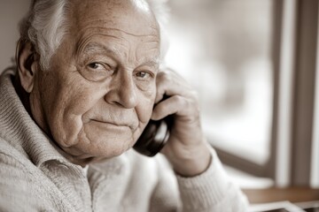 Fototapeta premium An elderly man with a thoughtful expression, talking on the phone; a moment capturing wisdom, serenity, and life experience alongside a warm ambiance and timeless style.