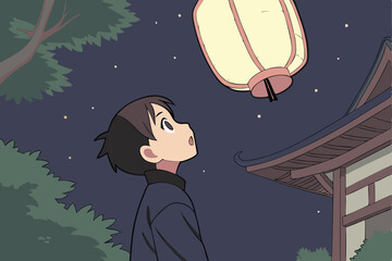 Fototapeta premium Anime-style drawing of a young boy with short, dark hair, wearing a black shirt, looking up at a glowing paper lantern with a surprised expression. The background features a dark, starry night sky 
