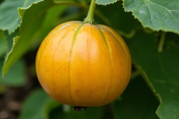 Close-up of a Ripe Yellow Cantaloupe on the Vine