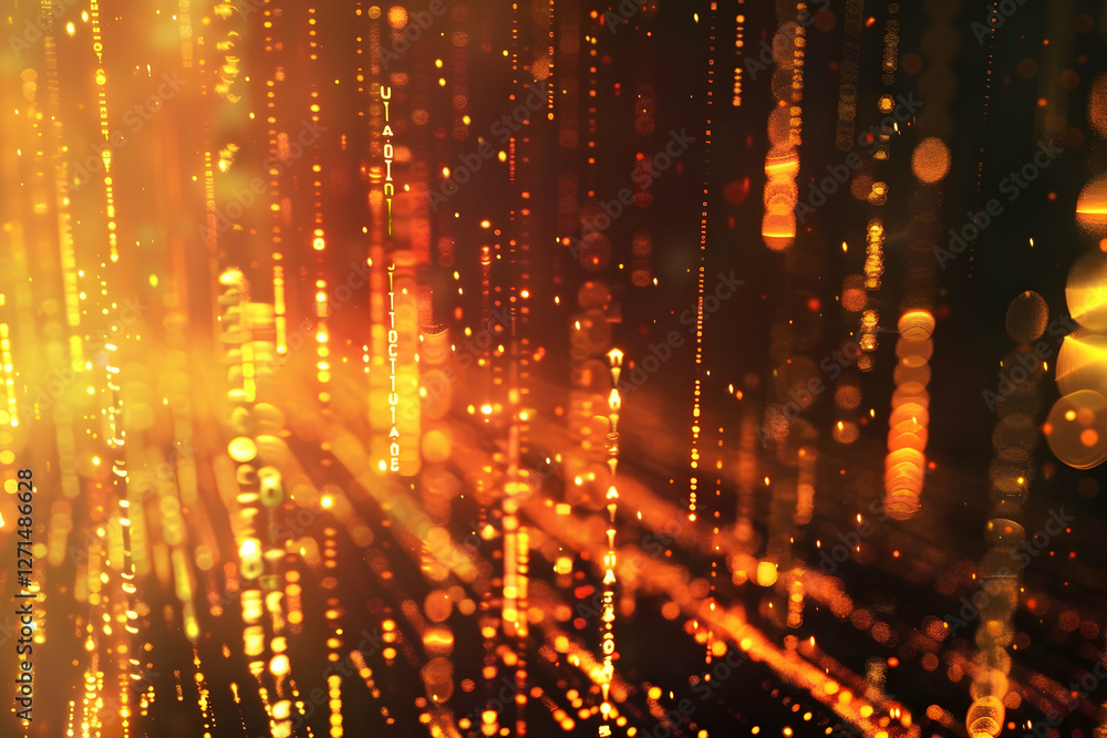Poster abstract golden light particles creating a shimmering effect in a dark background