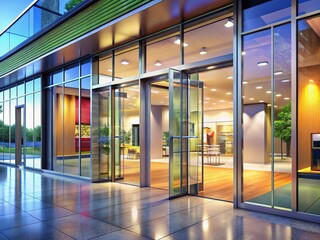 Modern office entrance, glass and metal, boutique style.