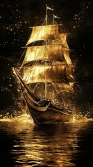 Golden Vintage Sailing Ship on Reflective Water