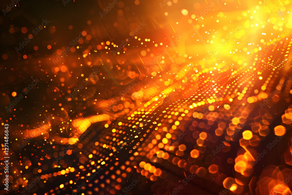 Poster abstract golden light patterns shimmering across a dark background with bokeh effects